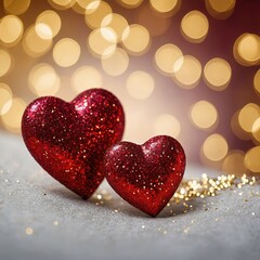 Fototapeta premium Corazones rojos con purpurina sobre fondo con efecto bokeh dorado, ideal para tarjetas de San Valentín y celebraciones románticas