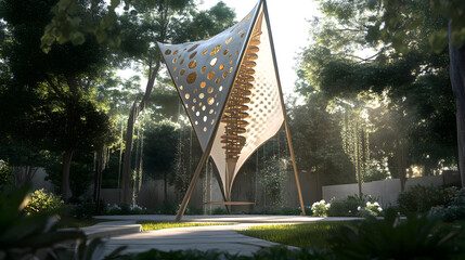 Futuristic Urban Deployable and Expandable Tower Shading Structure with Cultural Elements and Serene Atmosphere