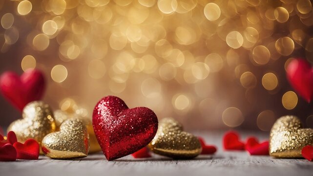 Escena festiva de corazones rojos y dorados brillantes, sobre fondo de bokeh dorado, ideal para tarjetas de San Valent&iacute;n