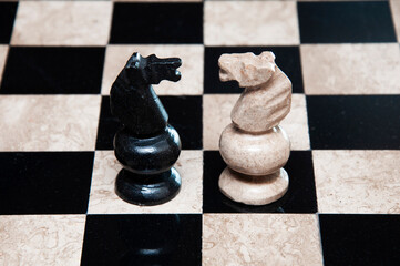Knight pieces on elegant black and white chess board