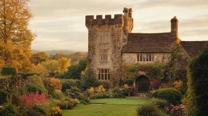 Beautiful Historic Stone House Surrounded by Lush Garden Landscape