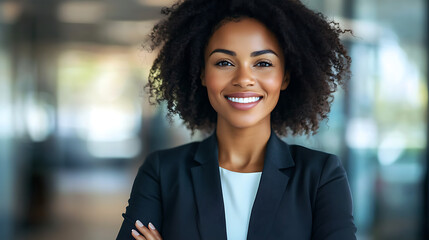Confident black businesswoman with curly hair stands with arms crossed, smiling in a bright, modern office environment during daytime.