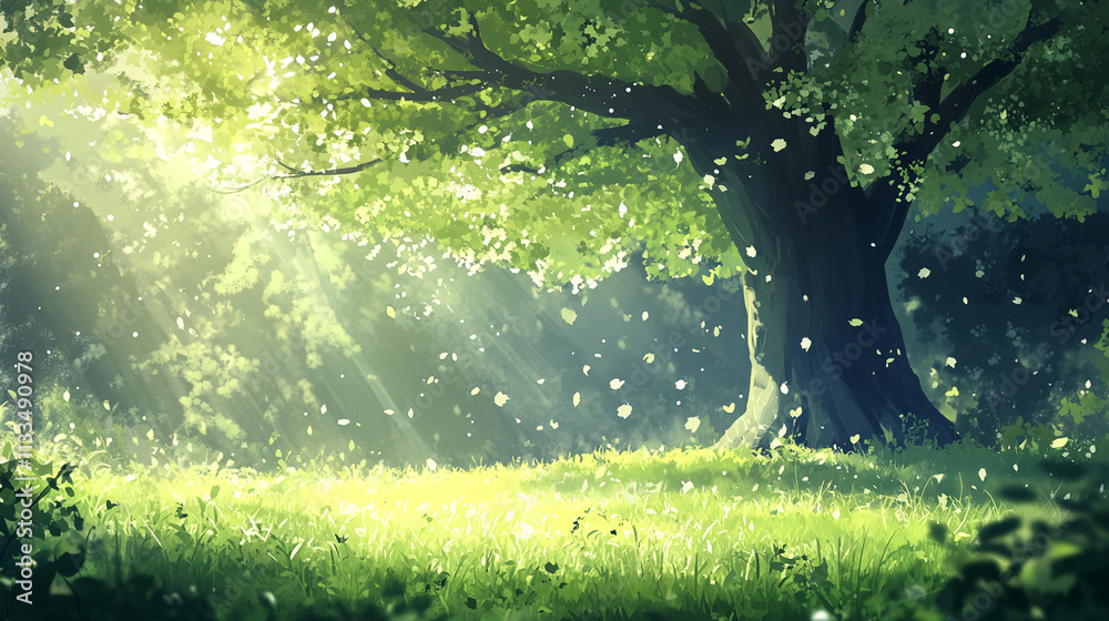 Poster sunlight filters through the leaves of a majestic tree in a serene forest clearing during a tranquil