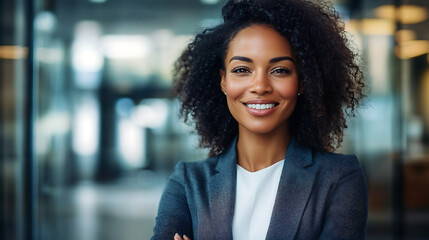 Obraz premium Confident black businesswoman with curly hair stands with arms crossed, smiling in a bright, modern office environment during daytime.