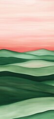 Obraz premium Abstract landscape painting depicting green rolling hills stretching towards a pink and coral sky, creating a serene and dreamlike atmosphere