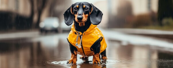 Cute dachshund dog, black and tan, dressed in a yellow raincoat stands in a puddle on a city street