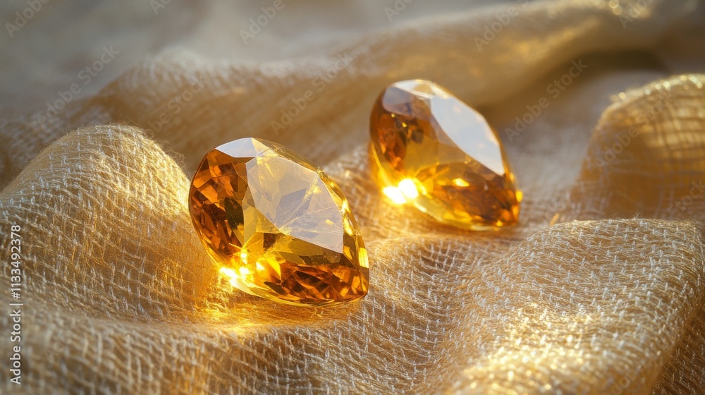 Aufkleber two stunning golden gemstones are gracefully positioned on a soft, textured fabric. the warm glow en