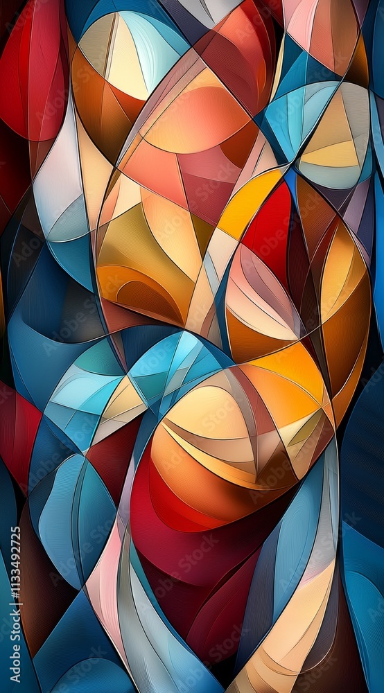 Poster Dynamic abstract composition featuring vibrant, flowing shapes and lines in a spectrum of colors, creating a sense of movement and energy through its intricate interplay of forms