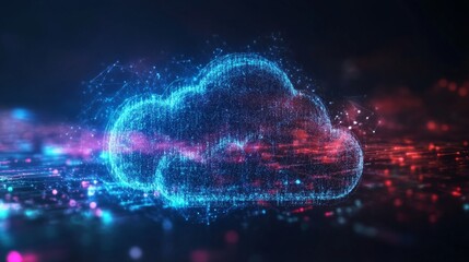 An abstract digital representation of a cloud formed by bright blue and pink lights, symbolizing the concept of cloud computing or data storage. This futuristic image conveys technology, networking