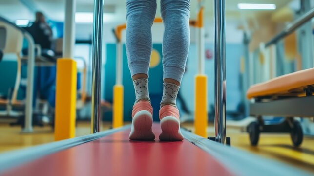 Person's legs walking on red rehabilitation track. - Powered by Adobe