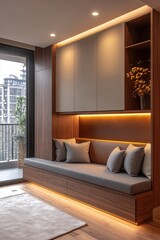 Fototapeta premium Modern built-in window seat with storage and warm lighting.