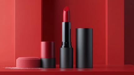 Red lipstick product shot on a red background with a black tube and a smaller complementary lipstick container.