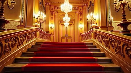 Grand staircase with a red carpet leading to a golden door and chandeliers - Powered by Adobe