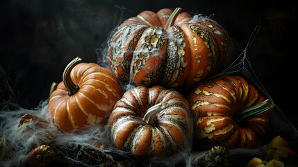 Artistic Arrangement of Spooky Halloween Pumpkins Stacked with Delicate Cobwebs Illuminated in Soft Light Against a Dark Background for Text Overlay