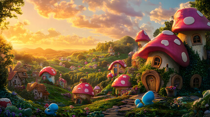 A Captivating Sunset Over a Whimsical Smurf Village with Colorful Mushroom Houses in a Breathtaking Epic Landscape