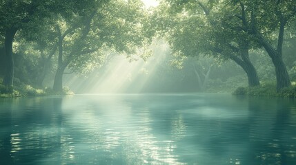 Obraz premium Enchanted River: Sunbeams Dance on Serene Waters