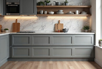 Front view of elegant interior with gray drawers under kitchen cabinet. empty wooden table and marble countertop in room. modern equipment for cooking. well organized space for storage food products