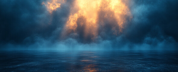 Obraz premium Dramatic dark clouds over a tranquil sea at sunset. The fiery sky contrasts beautifully with the deep blue water.