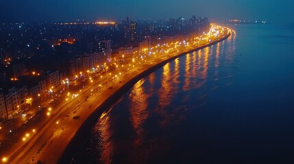 Fototapeta premium Night Lights of Marine Drive, Mumbai: An Aerial View