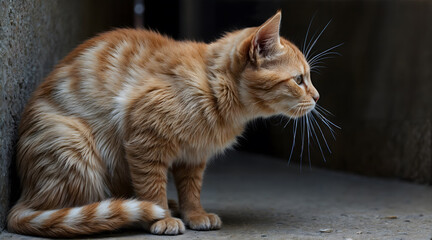 Fototapeta premium Close up side profile of a ginger tabby cat with striped fur and vivid whiskers, sitting outdoors with a wooden rustic background
