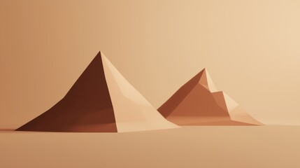Polygonal pyramids casting elongated shadows across the flat desert sand, bathed in warm sunlight, create a minimal yet evocative landscape filled with geometric intrigue