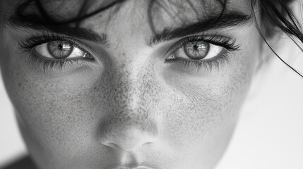 Obraz premium Intense Gaze: A Black and White Portrait of a Woman's Face