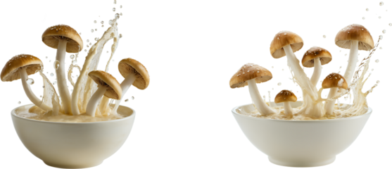 Mushrooms Splashing in Milk Bowls isolated on Transparent and White Background