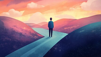 Obraz premium Person stands, path ahead, sunset, colorful hills, river.