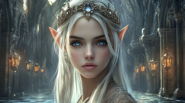 The graceful elf queen with blue eyes had her delicate crown embedded with gemstones, and she stood in the palace hall background wallpaper AI generated image