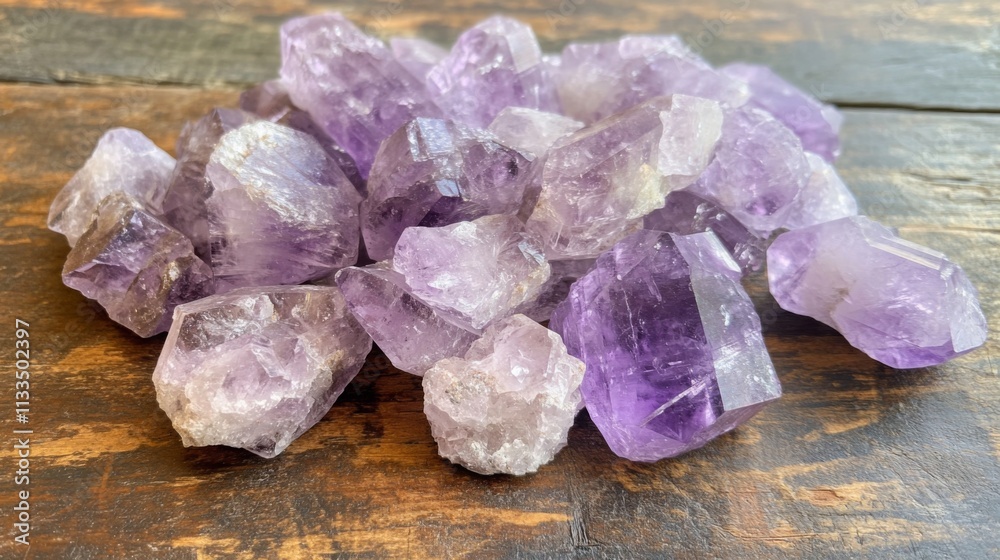 Poster a collection of natural amethyst crystals rests on a textured wooden surface. the purple hues catch 