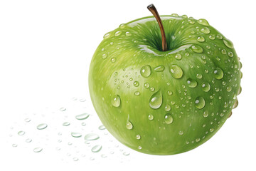 A single, vibrant green apple dominates the composition, positioned slightly off-center to the right against a stark white background.