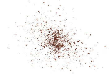 Instant coffee granules flying, soluble coffee isolated white clipping