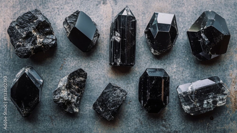 Leinwandbilder a collection of black gemstones is arranged meticulously on a textured dark surface, showcasing thei