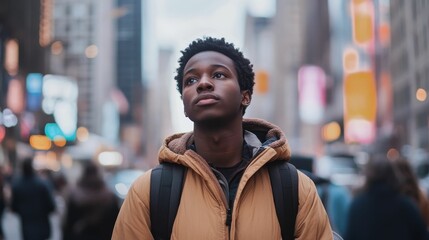 Fototapeta premium Young man, tan jacket, backpack, city street, looking up.