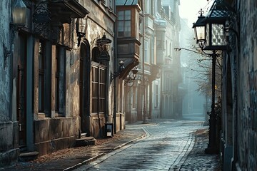 Fototapeta premium Old European city street with Gothic architecture and a dramatic atmosphere.