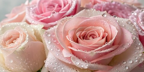 Fototapeta premium Closeup soft pink beautiful blooming roses rose, with many waterdrops