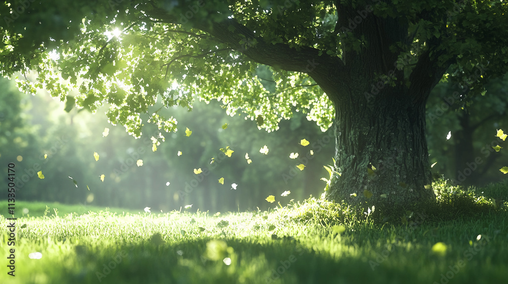 Poster sunlight filters through leaves in a tranquil forest during a gentle afternoon breeze