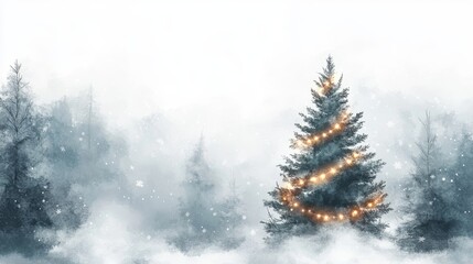 Fototapeta premium A Christmas tree beautifully decorated with golden lights stands in the middle of a misty forest. The surrounding fog adds a mystical and enchanting feel, perfect for festive and winter-themed designs