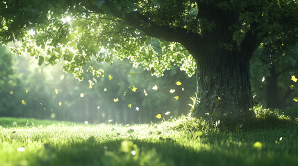 Fototapeta premium Sunlight filters through leaves in a tranquil forest during a gentle afternoon breeze