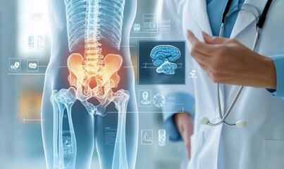 Medical illustration highlighting different types of hip pain by a doctor with a digital interface