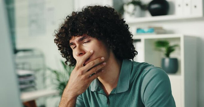 Thinking, tired and burnout in office, man and IT specialist with glasses, anxiety and stress for work. Contemplating, programmer and overworked for deadline, disappointed and person with headache