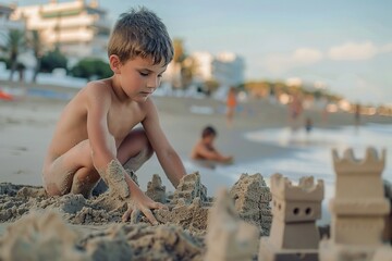A boy is playing in the sand at the beach