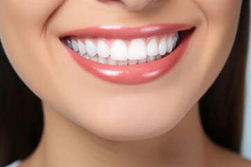 Fototapeta premium Young woman with perfect healthy pearly white teeth smile. Health, teeth whitening, dental care, dentistry, stomatology concept