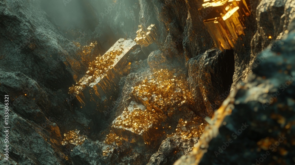 Aufkleber golden gemstones sparkle amidst rugged rocks in a dimly lit cavern. the natural formations create a 