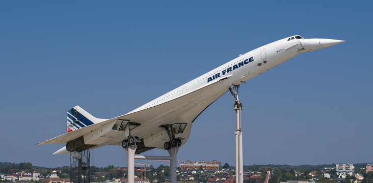 Sinsheim, Germany - August 31, 2024: Air France Concorde at the Technik Museum Sinsheim. Concorde  is a retired Anglo-French supersonic airliner.
