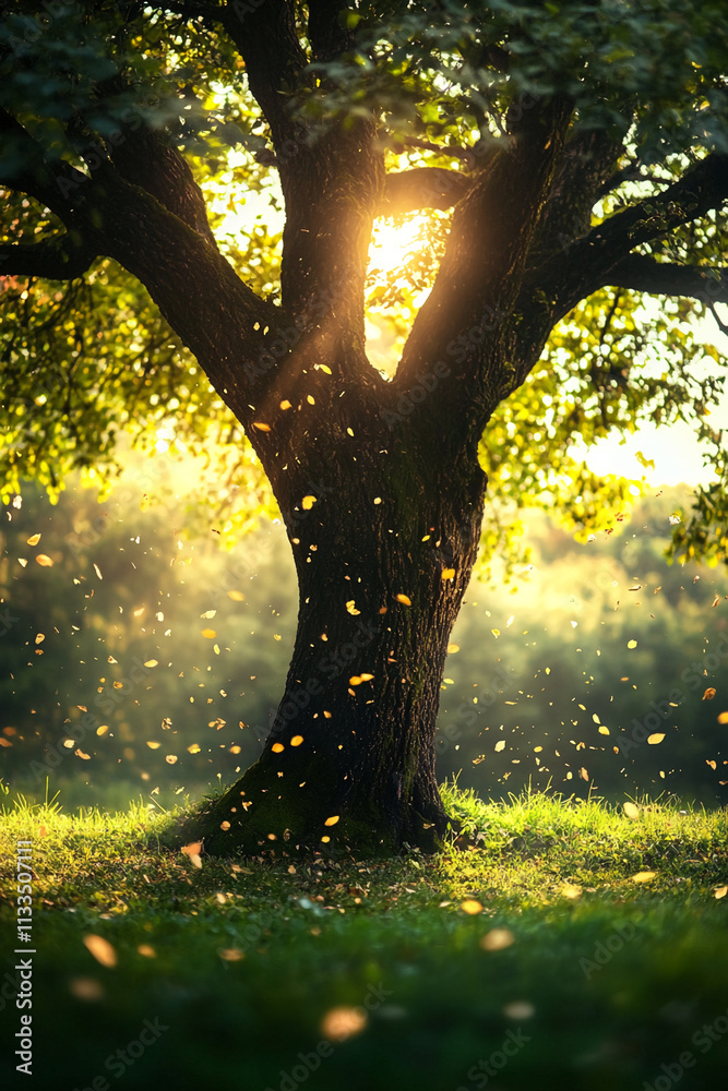 Poster Sunlight filters through leaves of a tall tree in a tranquil forest setting during golden hour