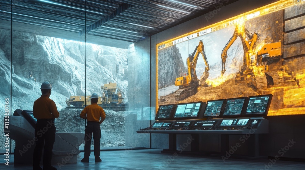 Poster Workers carefully observe machinery operating in a gemstone extraction site through transparent screens. The facility showcases cutting-edge technology for efficient monitoring and operation.