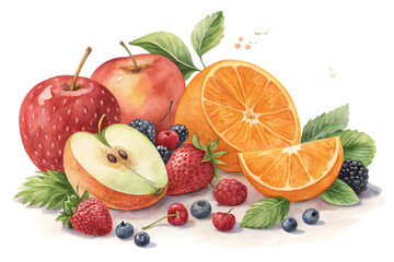 Naklejka premium A vibrant still life bursts forth, showcasing a medley of fresh fruits arranged in a painterly composition.