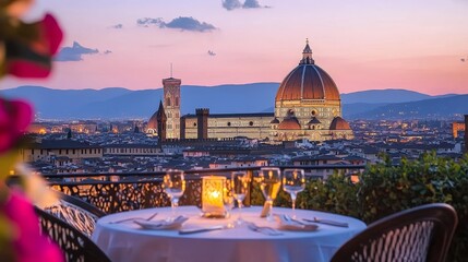 Fototapeta premium Taking in the delightful and charming balcony view of Florences magnificent Duomo set against a breathtaking sunset sky