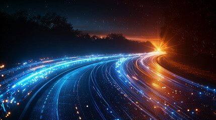 Abstract glow of an expressway highway. Blue and yellow glow going off into the distance.